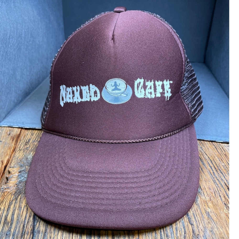 Rare Find Naked Cafe Trucker Hat Maroon Mesh Snapback Mesh Back Graphic Logo Cap